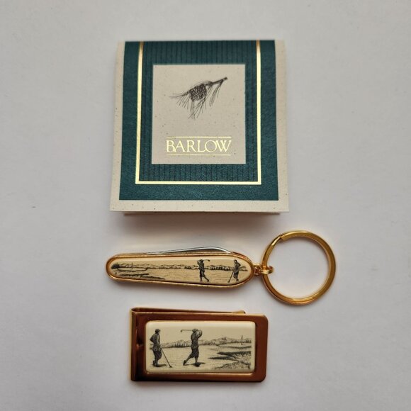 Vintage Barlow Designs Gold Money Clip and Keychain Set With Golfer Design - Picture 1 of 11